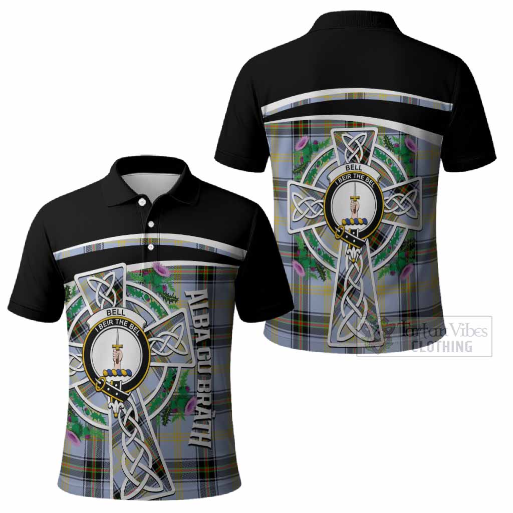 Bell Tartan Crest Polo Shirt Scottish Thistle Celtic Cross Alba Gu Brath