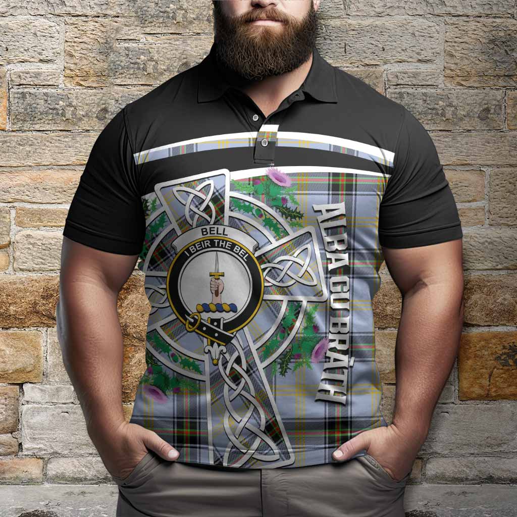 Bell Tartan Crest Polo Shirt Scottish Thistle Celtic Cross Alba Gu Brath