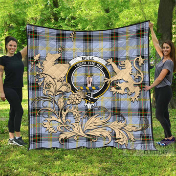 Bell Tartan Crest Premium Quilt with Scottish Iconic Symbols 