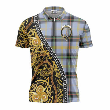 Bell Tartan Crest Zipper Polo Shirt Celtic Knot and Triple Trickle Spiral Symbols