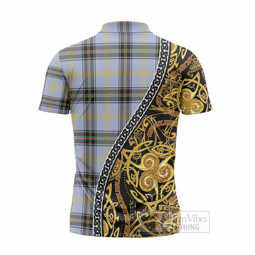 Bell Tartan Crest Zipper Polo Shirt Celtic Knot and Triple Trickle Spiral Symbols