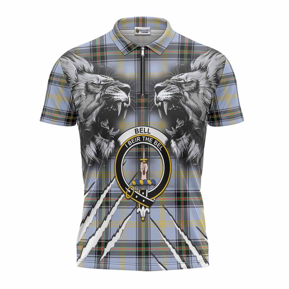 Bell Tartan Crest Zipper Polo Shirt Ferocious Lion Style