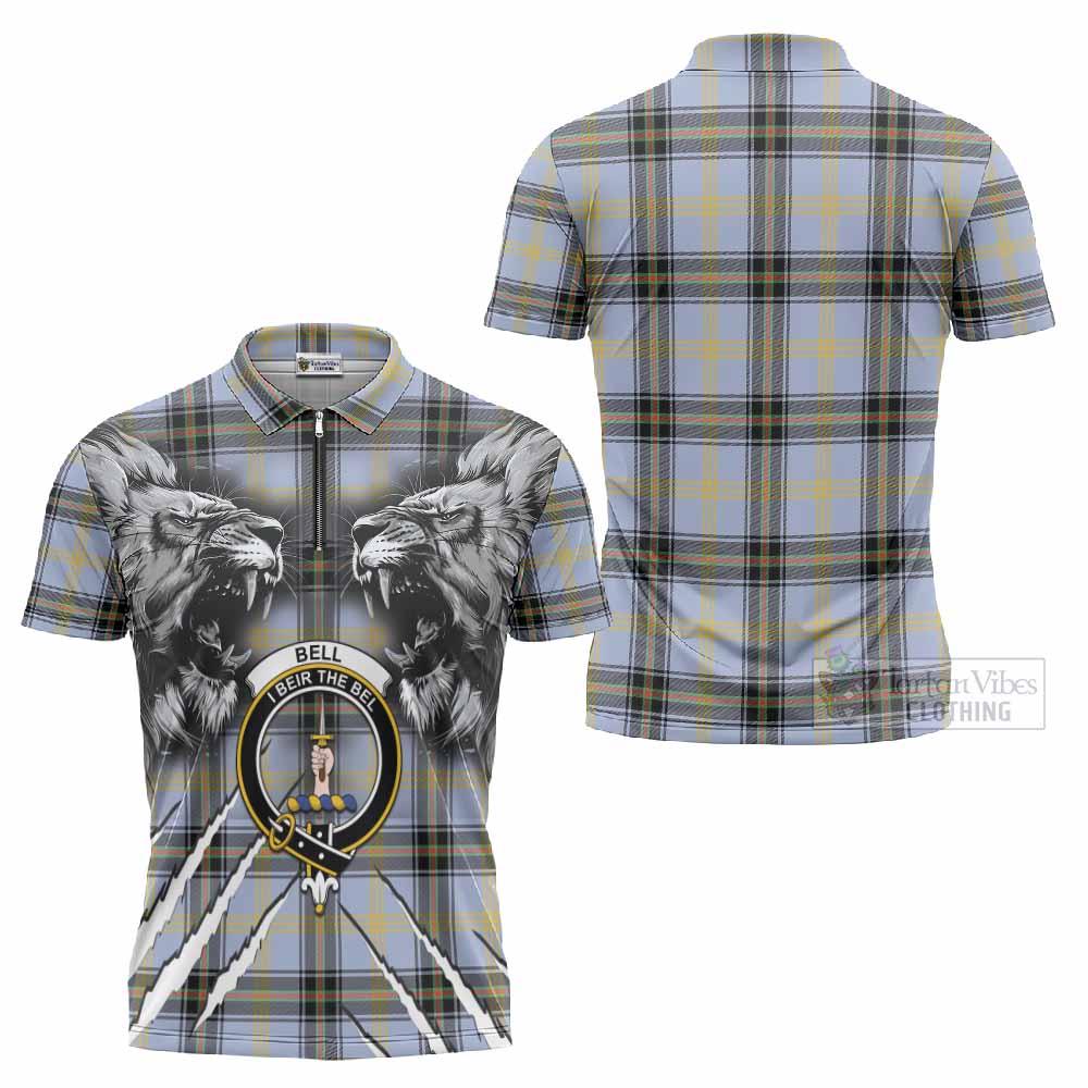 Bell Tartan Crest Zipper Polo Shirt Ferocious Lion Style