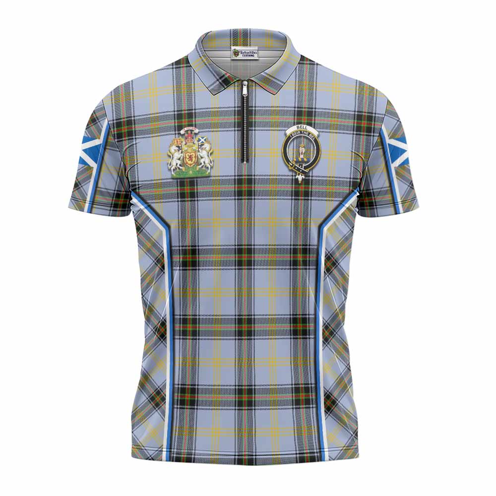 Bell Tartan Crest Zipper Polo Shirt Scotland Coat of Arm Flag Style - Tartan Vibes Clothing