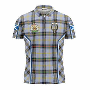 Bell Tartan Crest Zipper Polo Shirt Scotland Coat of Arm Flag Style