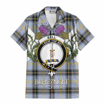 Bell Tartan Family Crest Cotton Hawaiian Shirt Scottish Burns Night Thistle Floral