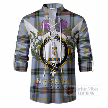 Bell Tartan Family Crest Ghillie Shirt Scottish Burns Night Thistle Floral