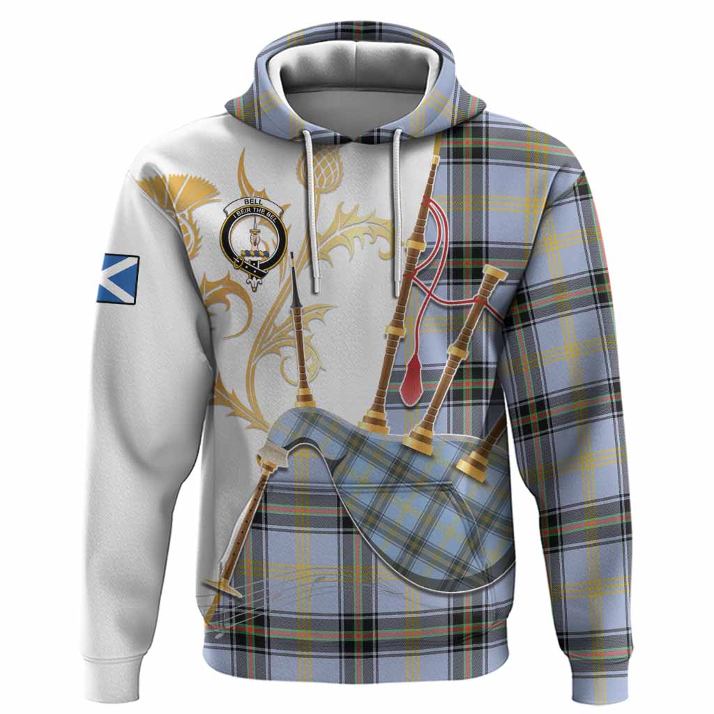 Bell Tartan Family Crest Hoodie Bagpipes with Scottish Thistle