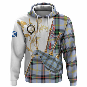 Bell Tartan Family Crest Hoodie Bagpipes with Scottish Thistle