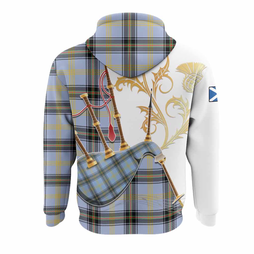 Bell Tartan Family Crest Hoodie Bagpipes with Scottish Thistle