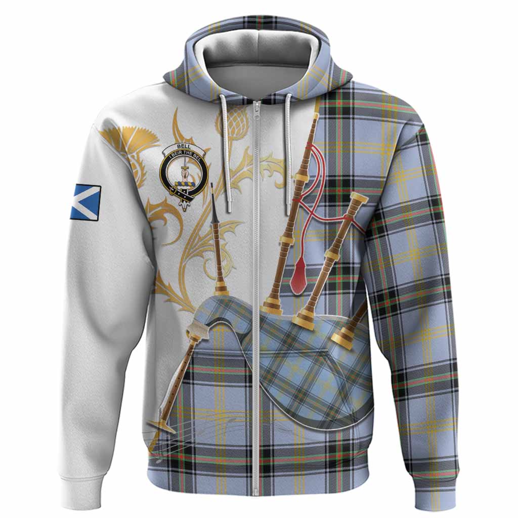 Bell Tartan Family Crest Hoodie Bagpipes with Scottish Thistle
