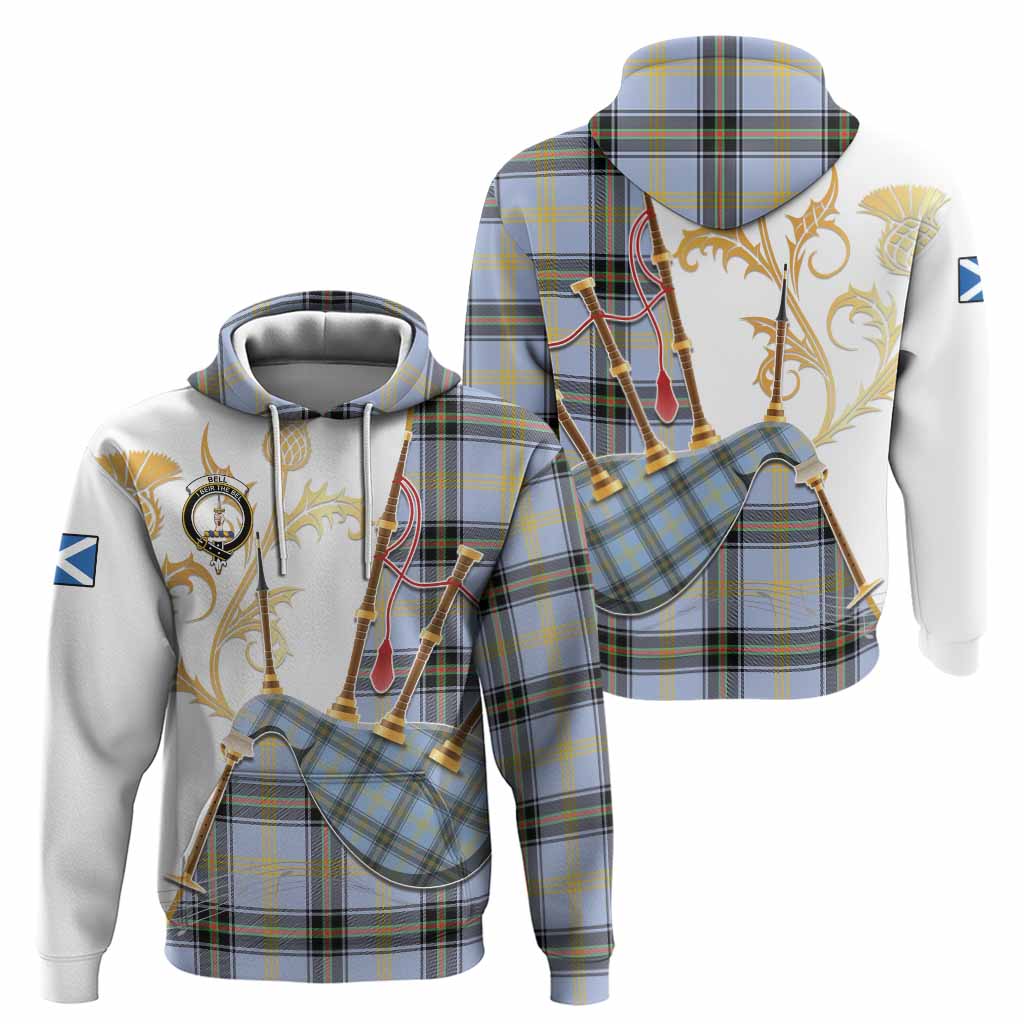 Bell Tartan Family Crest Hoodie Bagpipes with Scottish Thistle