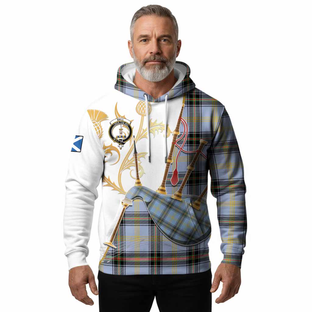 Bell Tartan Family Crest Hoodie Bagpipes with Scottish Thistle