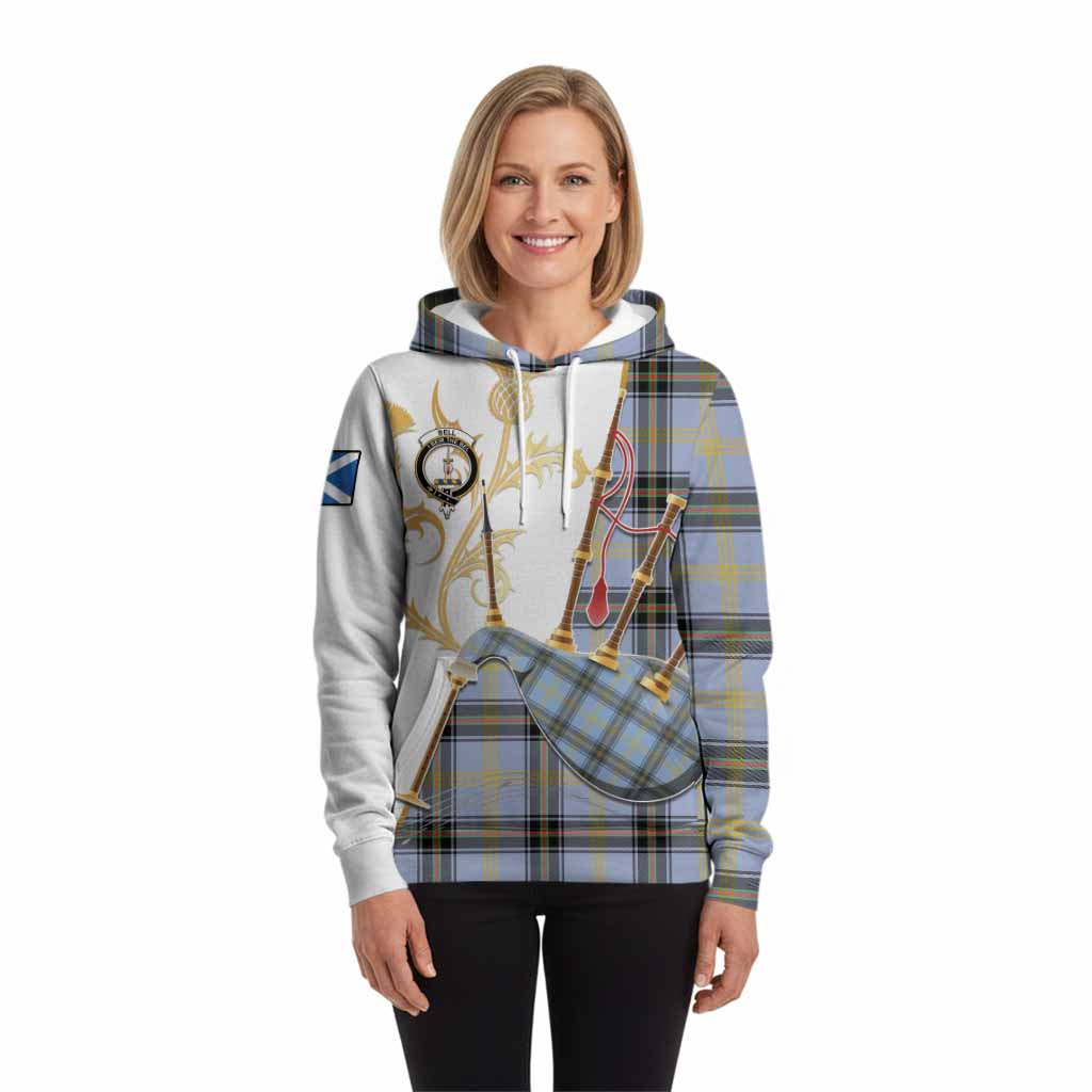 Bell Tartan Family Crest Hoodie Bagpipes with Scottish Thistle