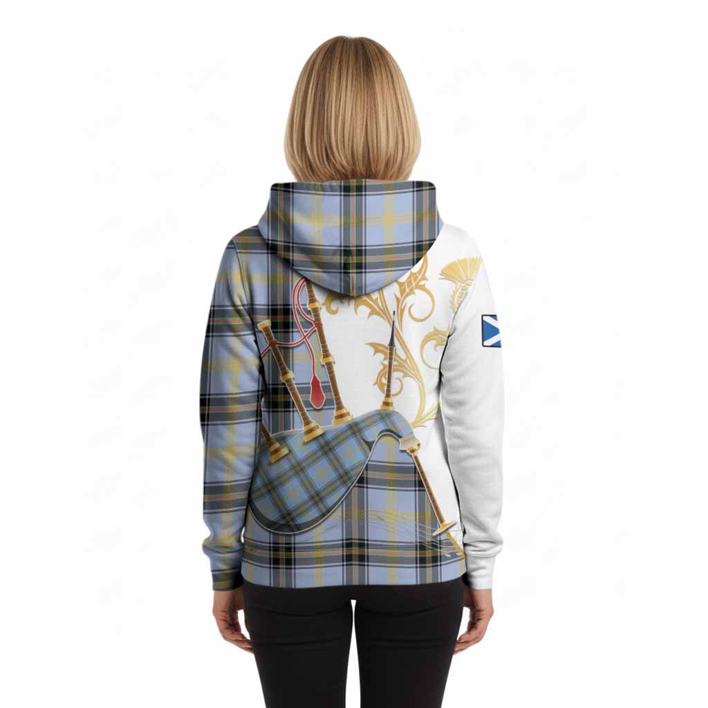 Bell Tartan Family Crest Hoodie Bagpipes with Scottish Thistle