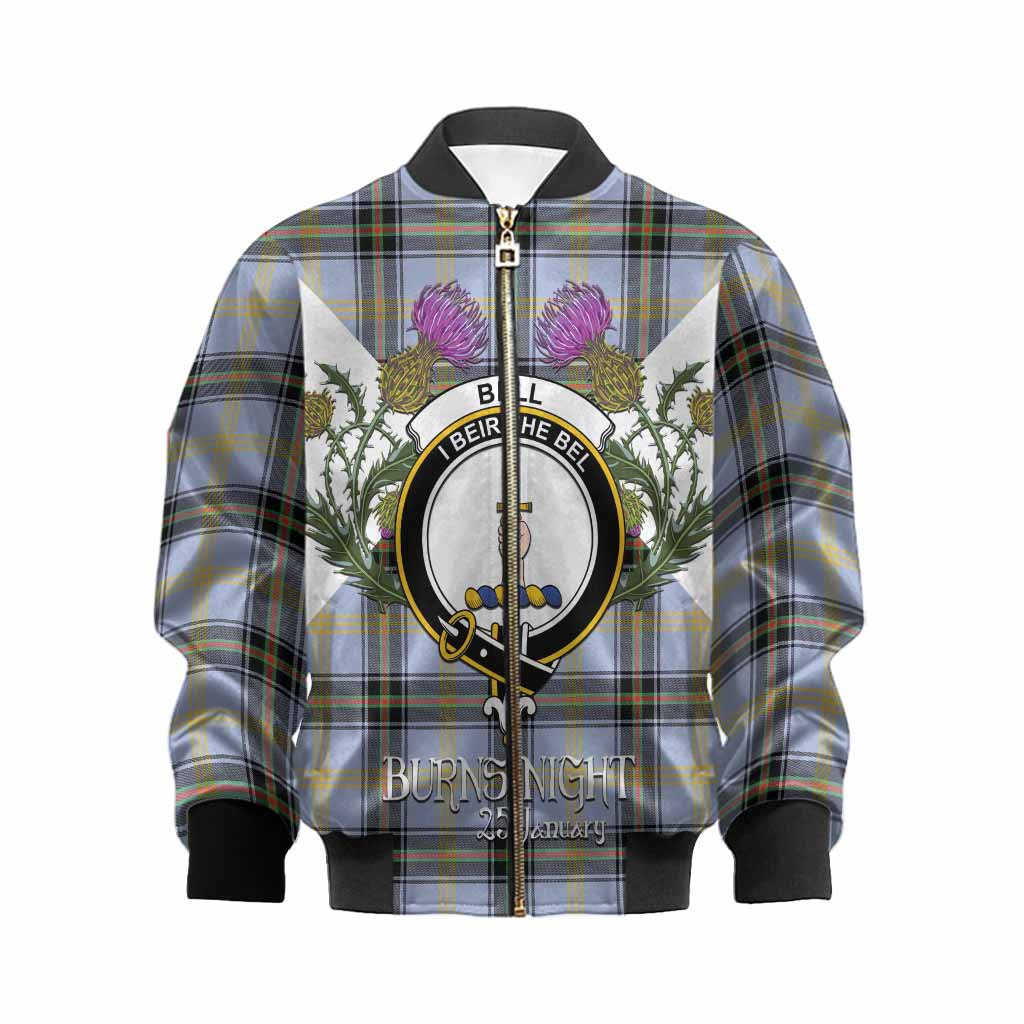 Bell Tartan Family Crest Kid Bomber Jacket Scottish Burns Night Thistle Floral