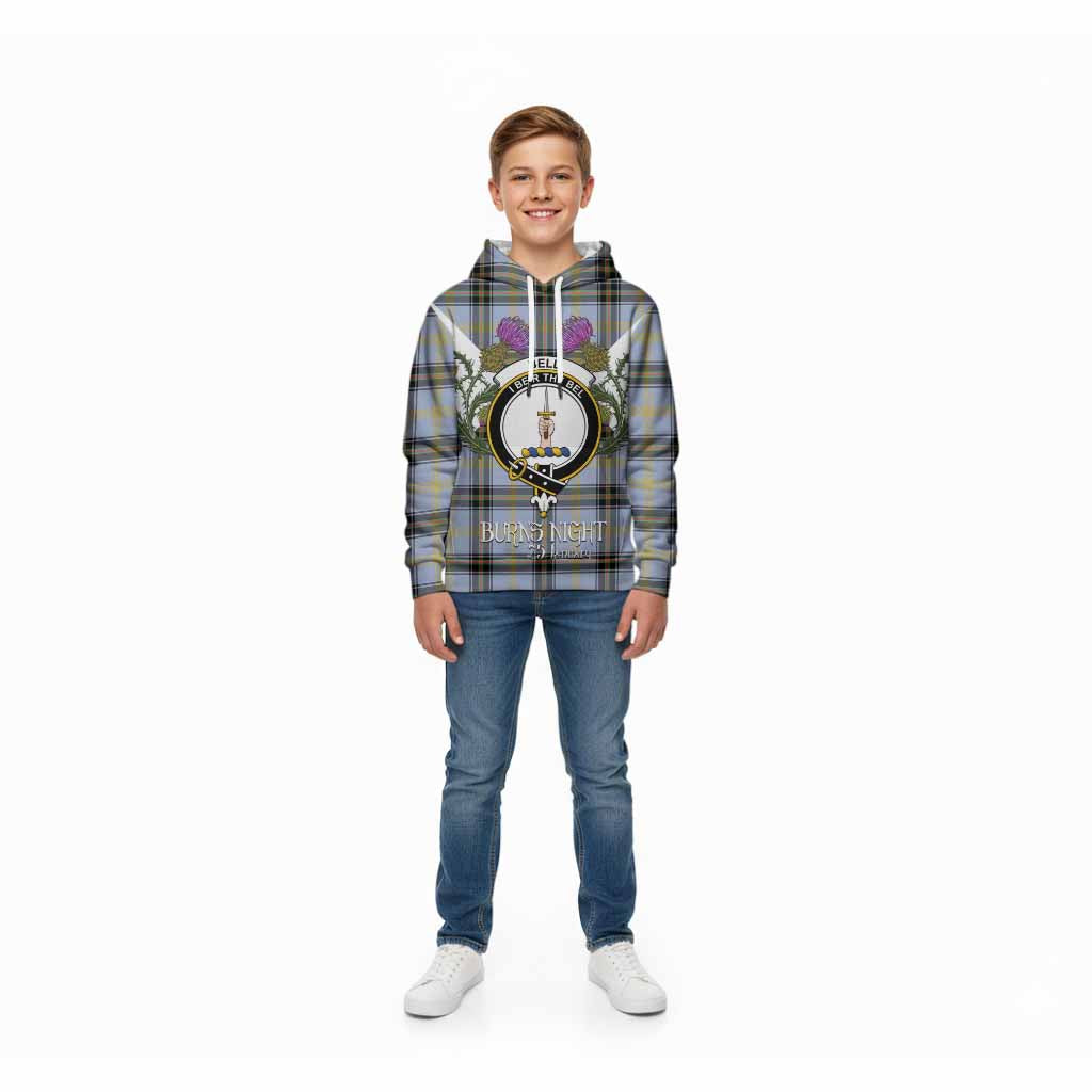 Bell Tartan Family Crest Kid Hoodie Scottish Burns Night Thistle Floral