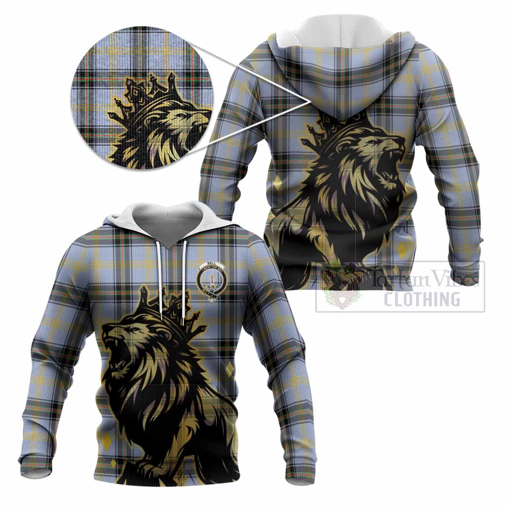 Bell Tartan Family Crest Knitted Hoodie Crowned Lion Roaring