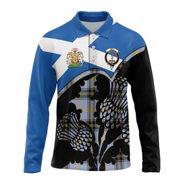 Bell Tartan Family Crest Long Sleeve Polo Shirt Scotland Thistle Floral Flag Style