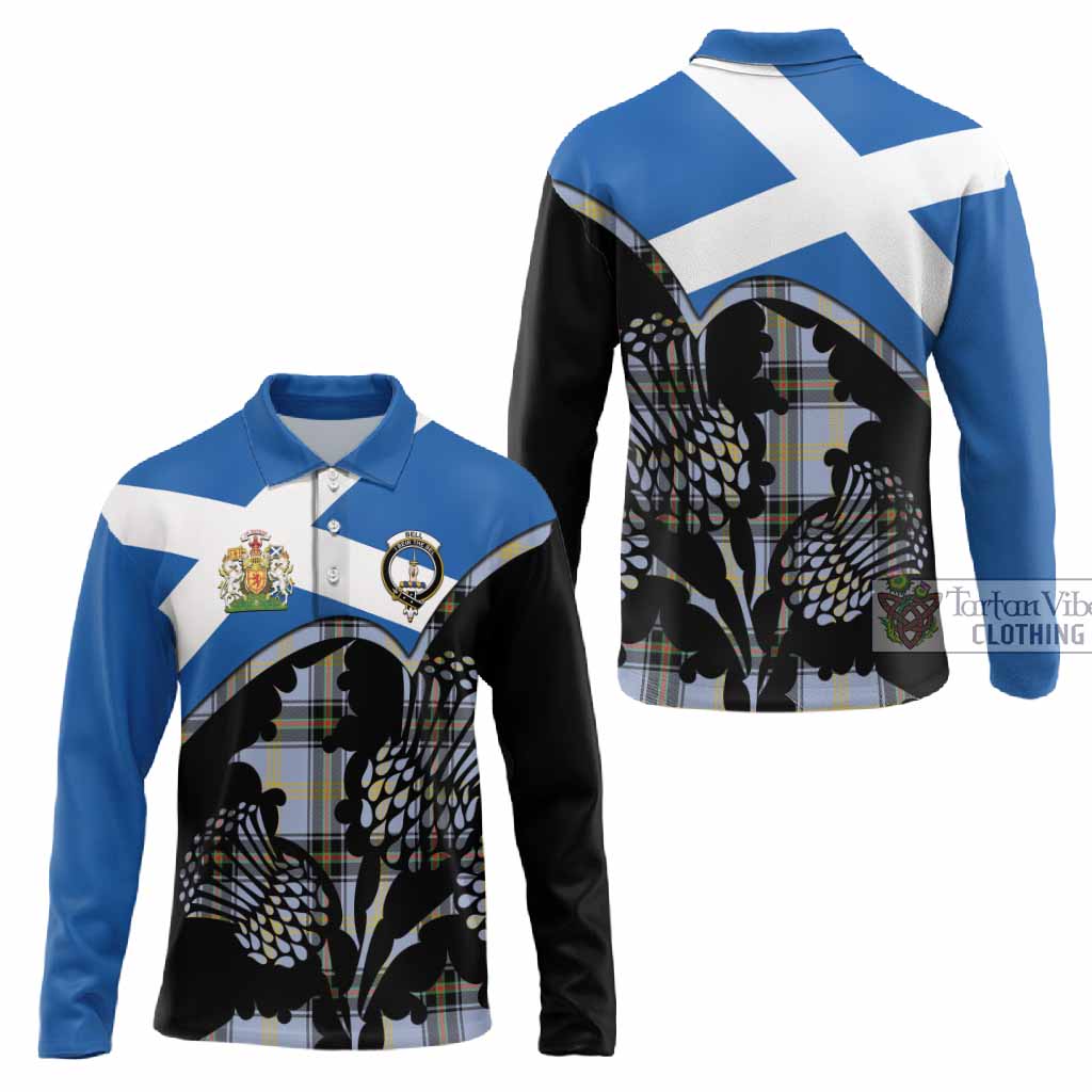 Bell Tartan Family Crest Long Sleeve Polo Shirt Scotland Thistle Floral Flag Style
