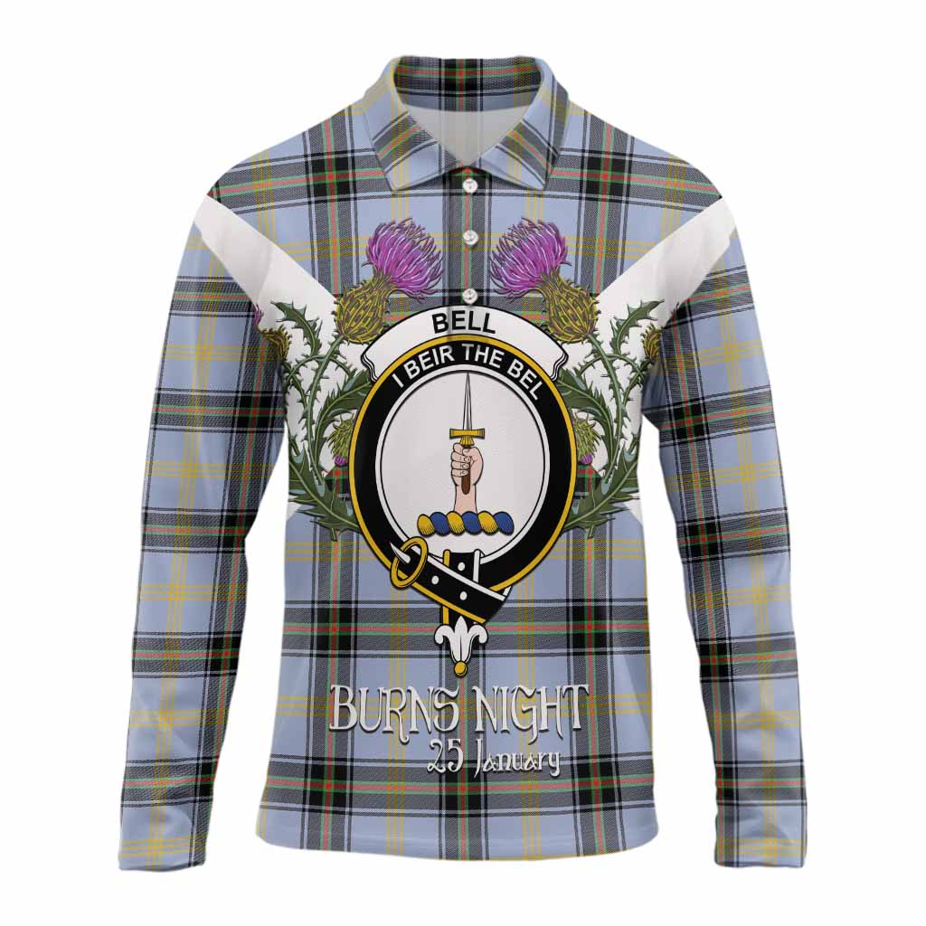 Bell Tartan Family Crest Long Sleeve Polo Shirt Scottish Burns Night Thistle Floral
