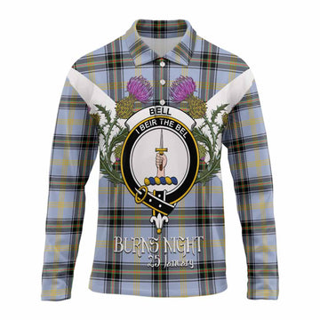 Bell Tartan Family Crest Long Sleeve Polo Shirt Scottish Burns Night Thistle Floral