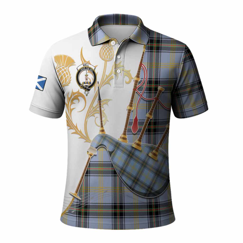 Bell Tartan Family Crest Polo Shirt Bagpipes with Scottish Thistle