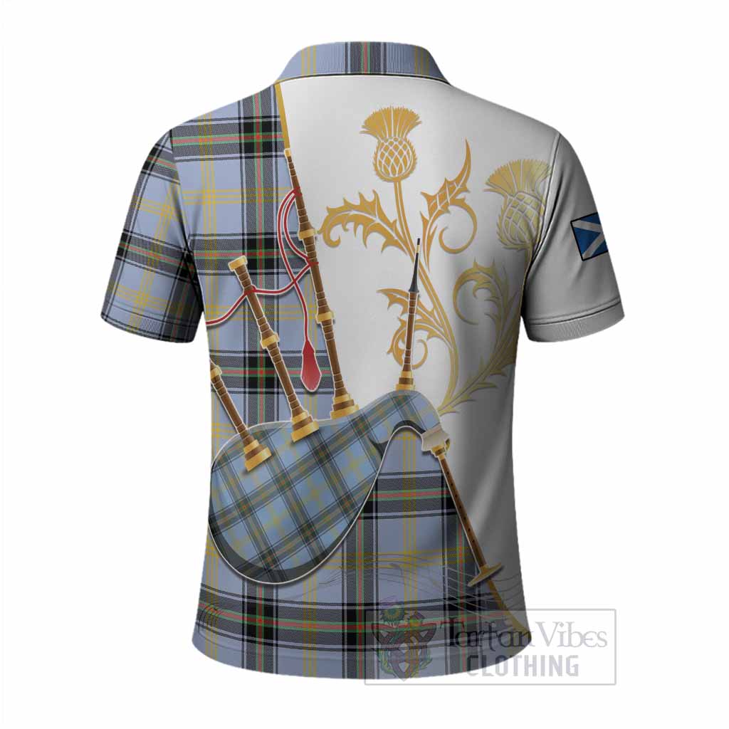 Bell Tartan Family Crest Polo Shirt Bagpipes with Scottish Thistle
