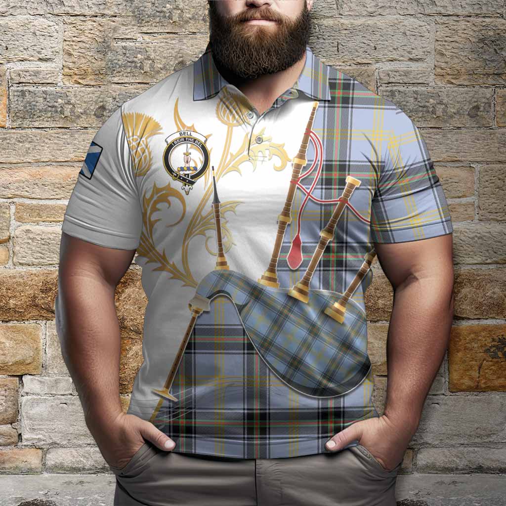 Bell Tartan Family Crest Polo Shirt Bagpipes with Scottish Thistle