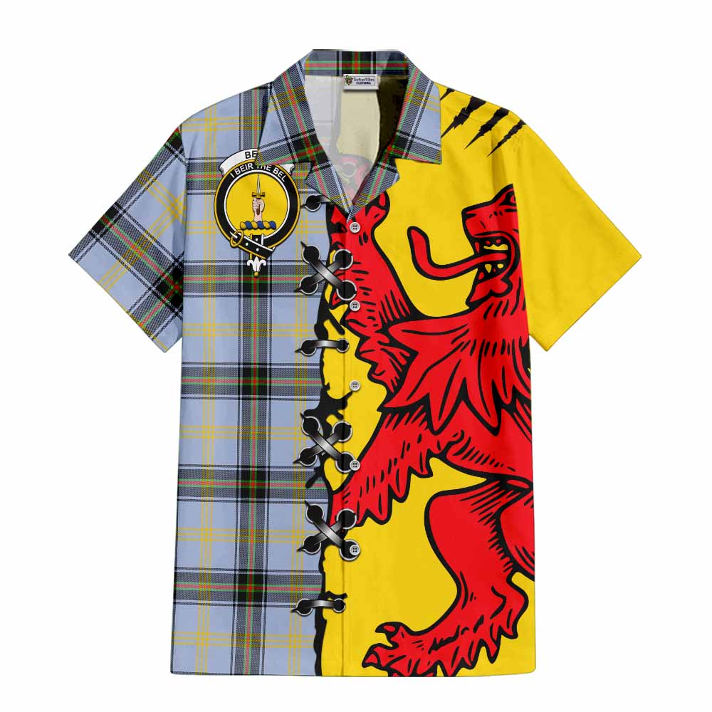 Bell Tartan Family Crest Short Sleeve Button Shirt Lion Rampant Honor - Tartan Vibes Clothing
