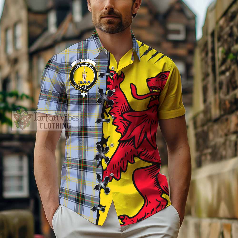 Bell Tartan Family Crest Short Sleeve Button Shirt Lion Rampant Honor - Tartan Vibes Clothing