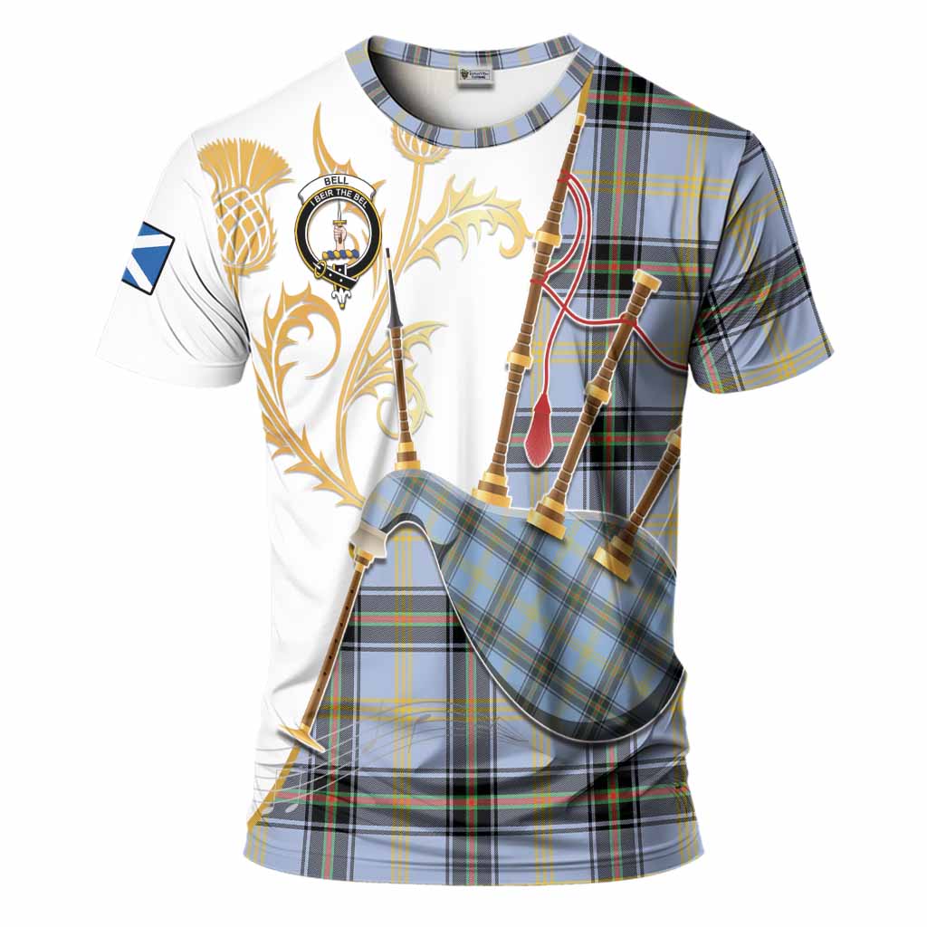 Bell Tartan Family Crest T-Shirt Bagpipes with Scottish Thistle