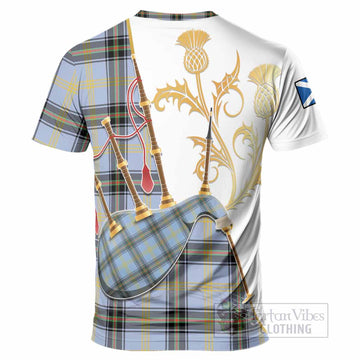 Bell Tartan Family Crest T-Shirt Bagpipes with Scottish Thistle