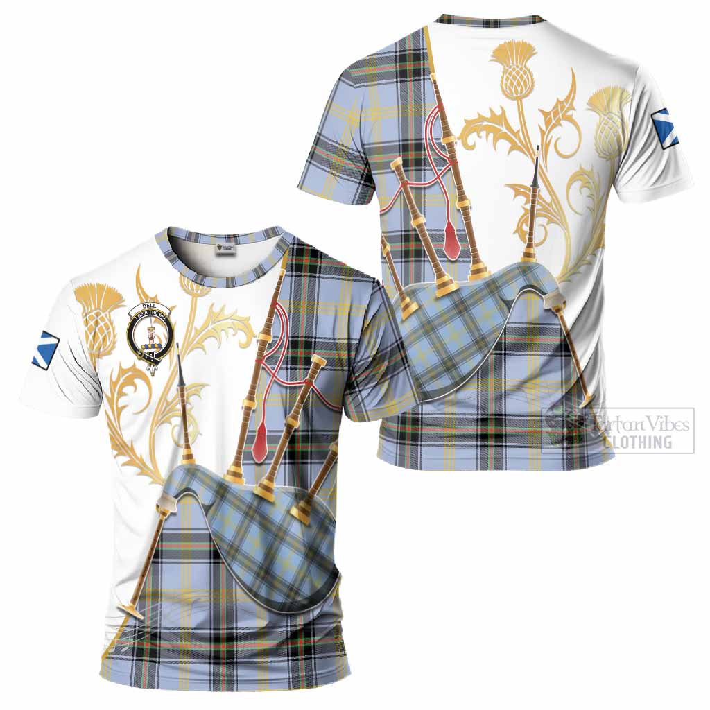 Bell Tartan Family Crest T-Shirt Bagpipes with Scottish Thistle
