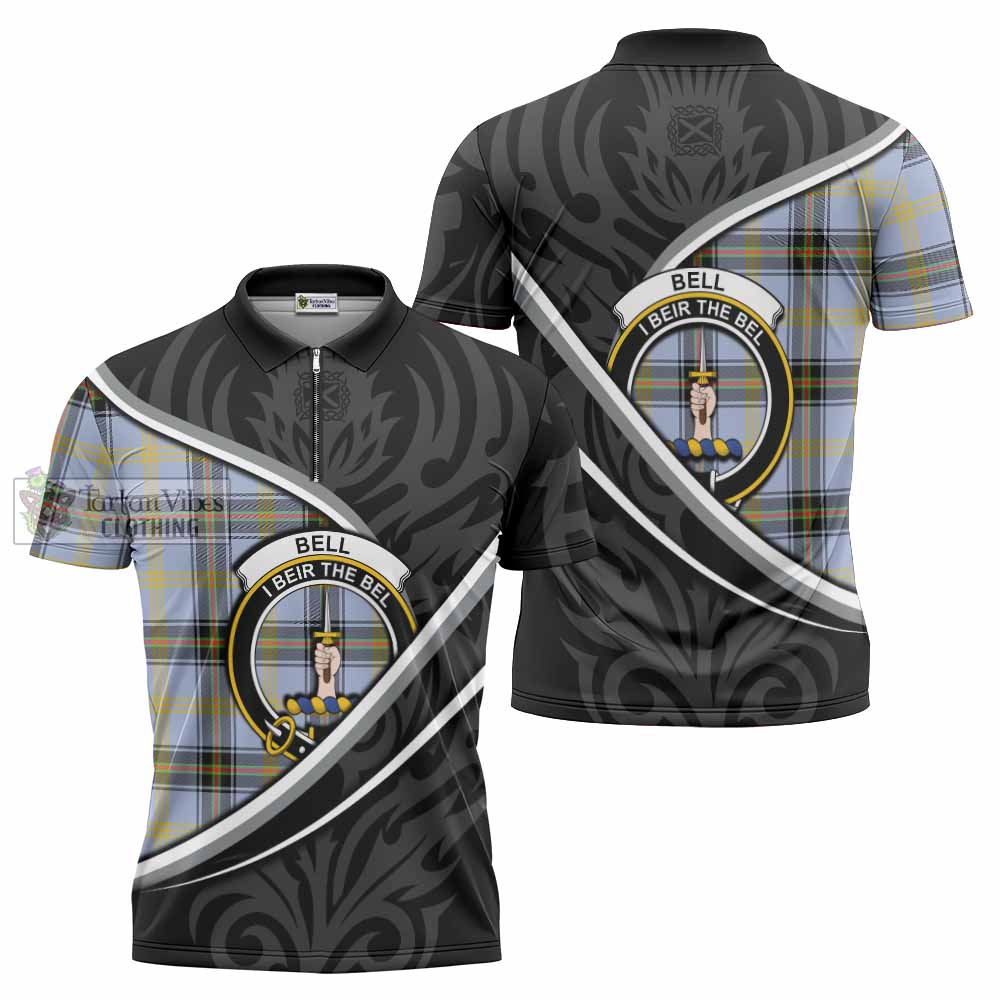 Bell Tartan Family Crest Zipper Polo Shirt Celtic Scottish Thistle Floral - Tartan Vibes Clothing