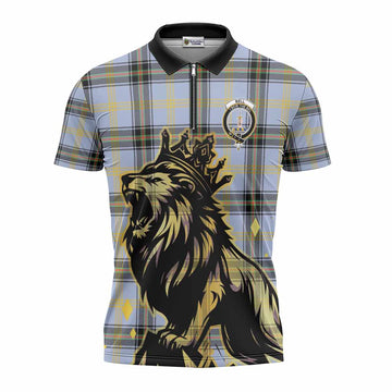 Bell Tartan Family Crest Zipper Polo Shirt Crowned Lion Roaring