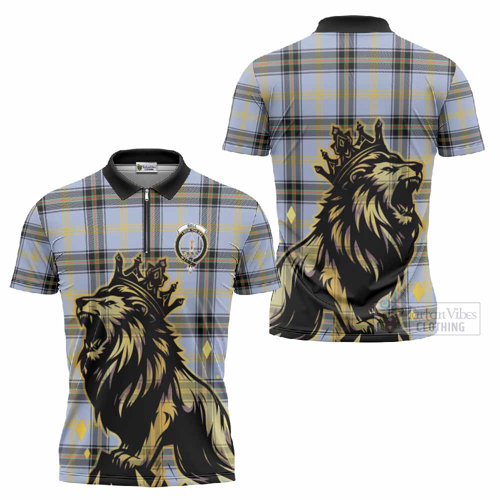 Bell Tartan Family Crest Zipper Polo Shirt Crowned Lion Roaring