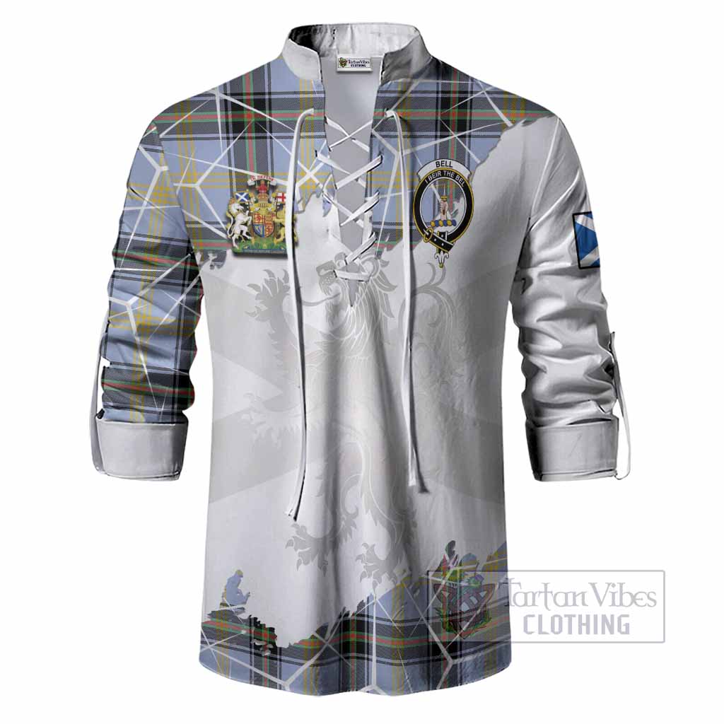 Bell Tartan Ghillie Shirt with Family Crest and Lion Rampant Grunge Style