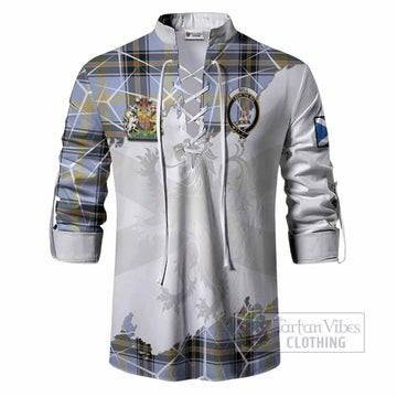Bell Tartan Ghillie Shirt with Family Crest and Lion Rampant Grunge Style