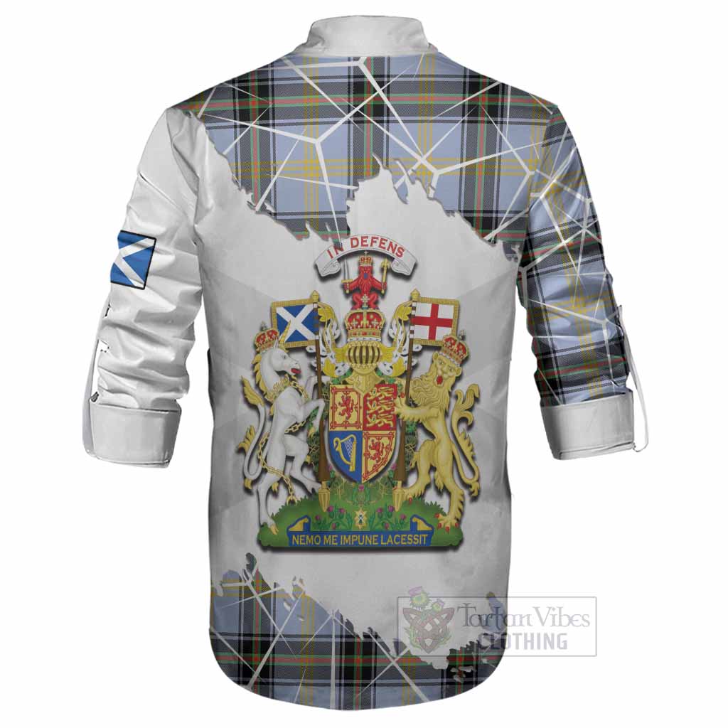 Bell Tartan Ghillie Shirt with Family Crest and Lion Rampant Grunge Style