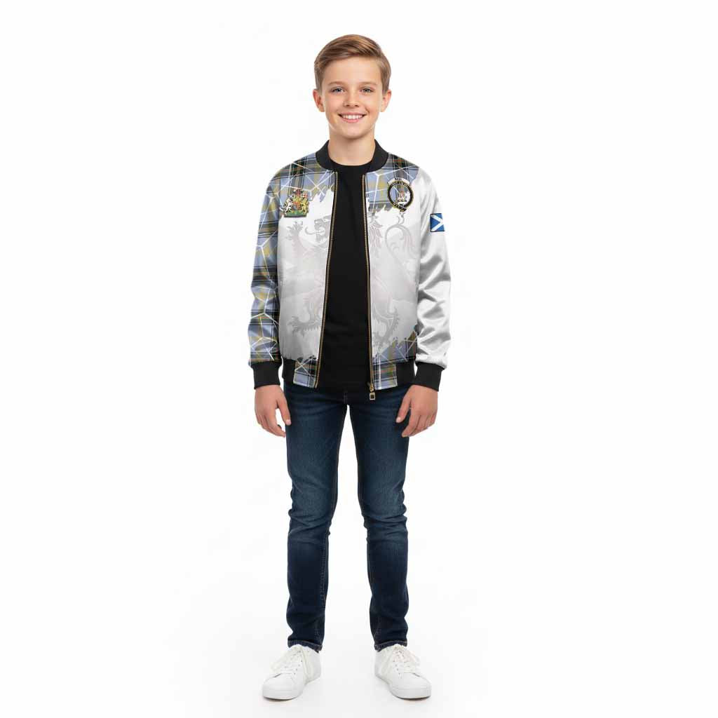 Bell Tartan Kid Bomber Jacket with Family Crest and Lion Rampant Grunge Style