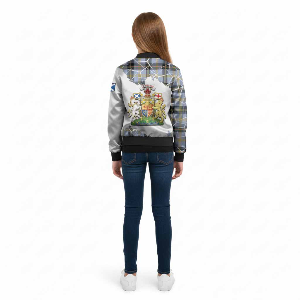 Bell Tartan Kid Bomber Jacket with Family Crest and Lion Rampant Grunge Style