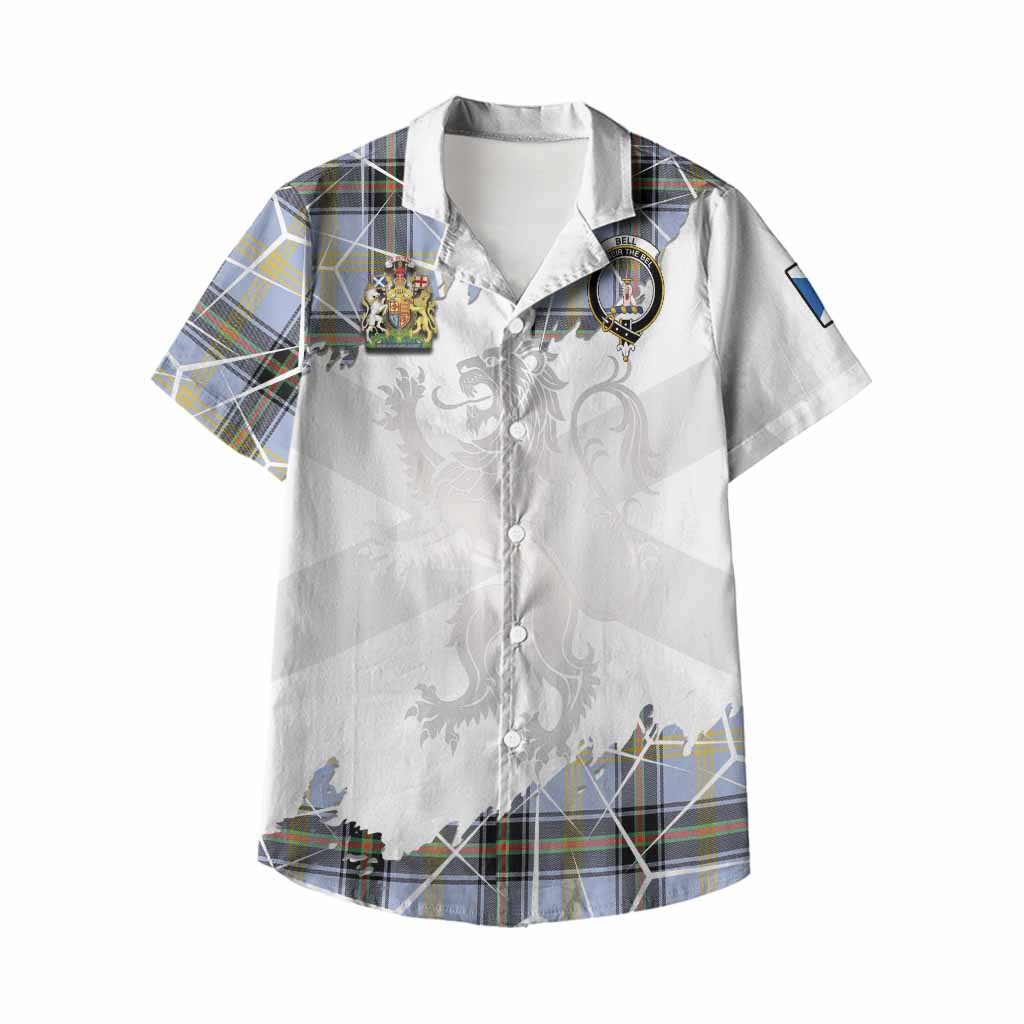 Bell Tartan Kid Hawaiian Shirt with Family Crest and Lion Rampant Grunge Style