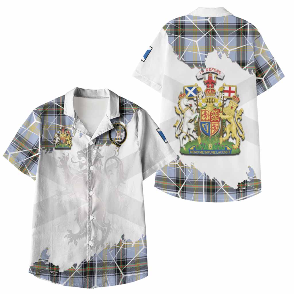 Bell Tartan Kid Hawaiian Shirt with Family Crest and Lion Rampant Grunge Style