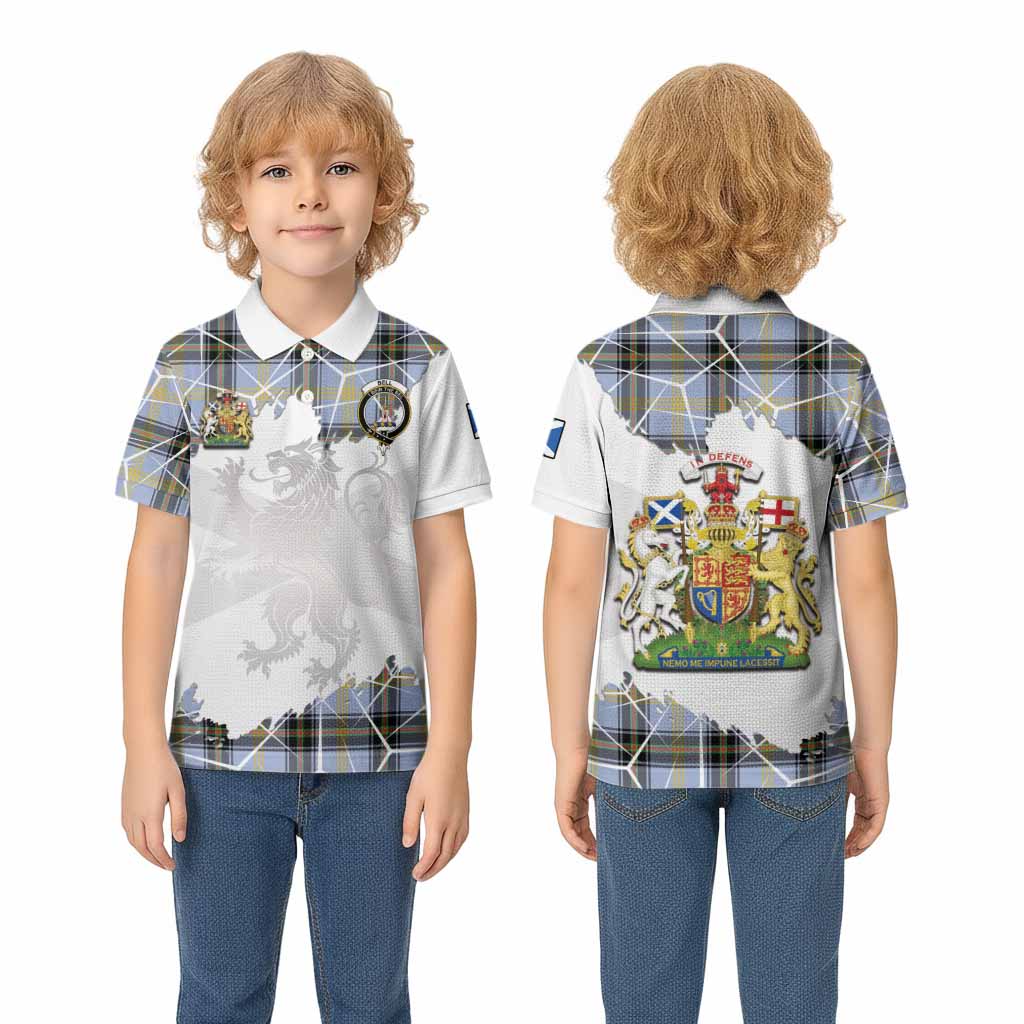 Bell Tartan Kid Polo Shirt with Family Crest and Lion Rampant Grunge Style