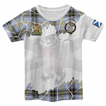 Bell Tartan Kid T-shirt with Family Crest and Lion Rampant Grunge Style