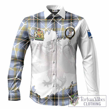 Bell Tartan Long Sleeve Button Shirts with Family Crest and Lion Rampant Grunge Style