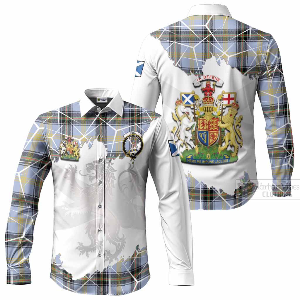 Bell Tartan Long Sleeve Button Shirts with Family Crest and Lion Rampant Grunge Style