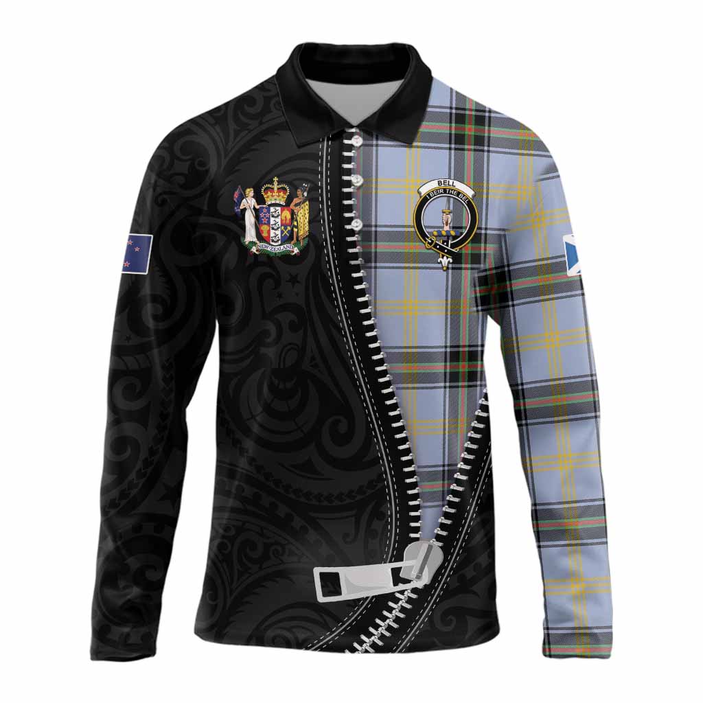 Bell Tartan Long Sleeve Polo Shirt New Zealand Pattern Unique Zipper Stylized