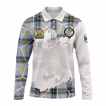 Bell Tartan Long Sleeve Polo Shirt with Family Crest and Lion Rampant Grunge Style